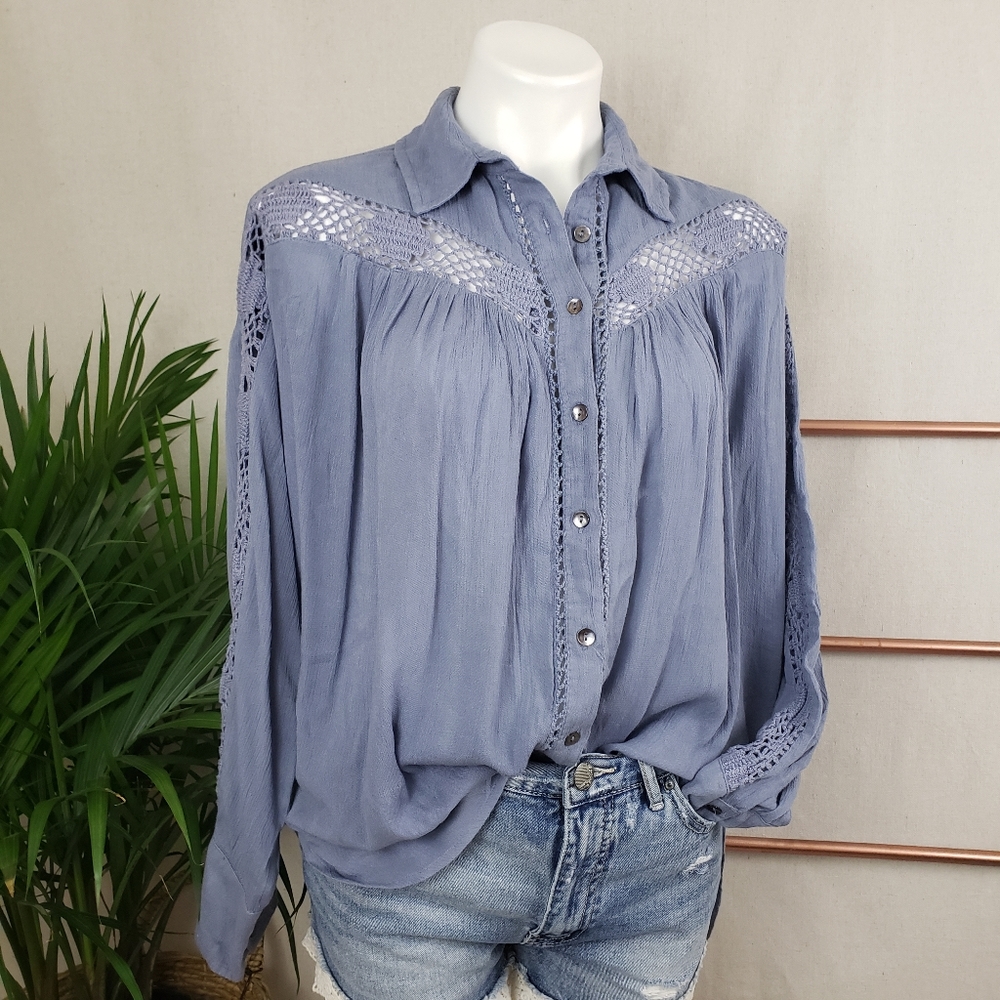 Free People Blue Crochet Button Down Shirt